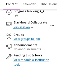 Screenshot of reading list item in a module menu