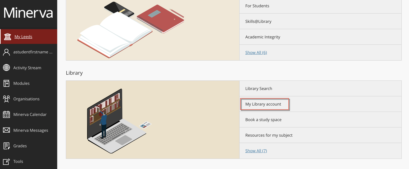 Screenshot of the Library section of My Leeds on Minerva